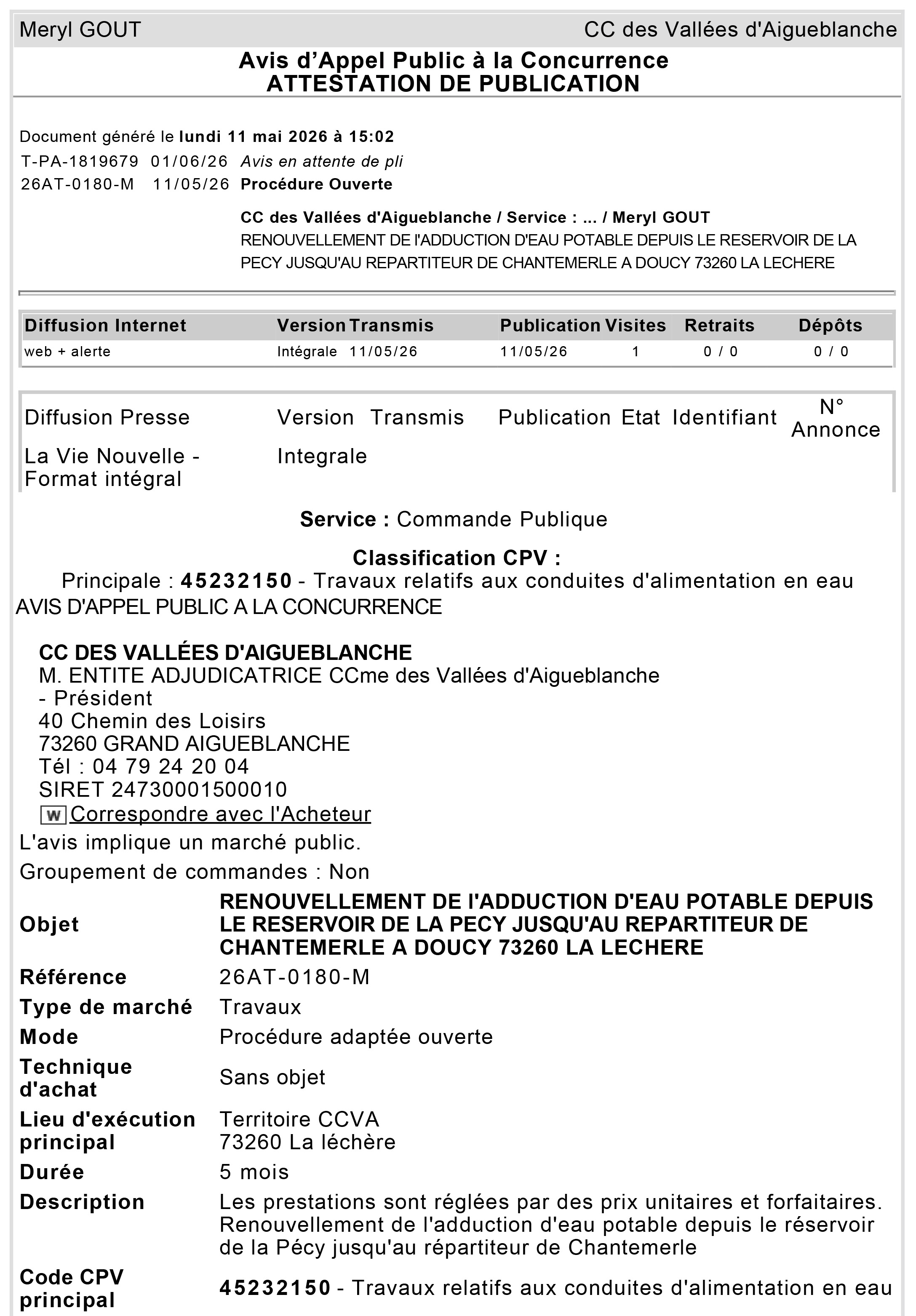 CCVA2603 Attestation de publication