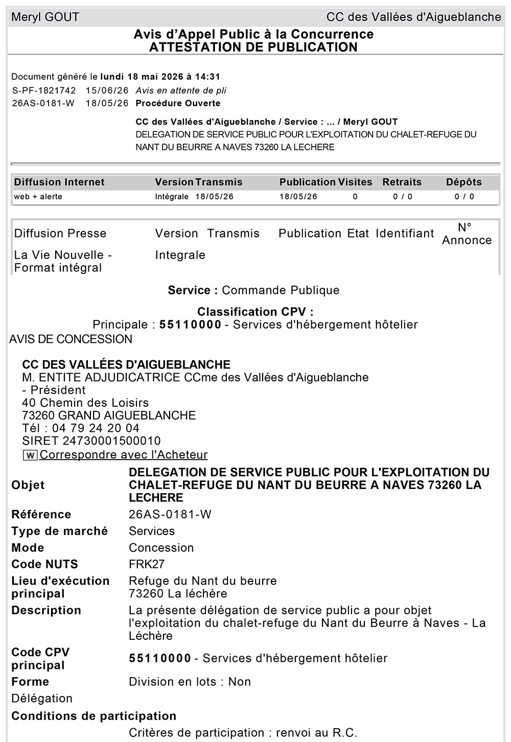 CCVA2603 Attestation de publication